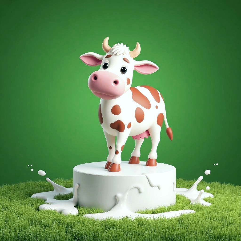 A friendly 3D cow on a marketing pedestal